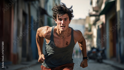 young man runner start running on road