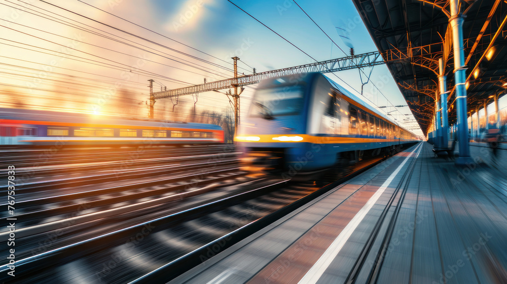High speed train motion railway station sunset. Fast moving modern ...