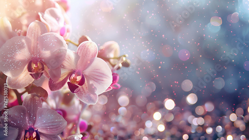 Orchid flowers with glitter bokeh background. Copy space. 