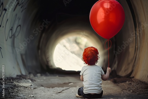 Child Holding Red Balloon in Dark Tunnel