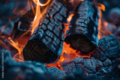 Closeup of a burning wood campfire, with flames and a wooden log, Generative AI