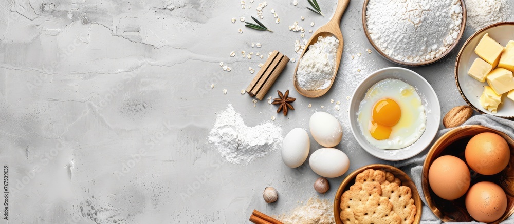 Baking ingredients like flour, eggs, butter, and kitchen textiles laid out on a bright grey concrete background for a cookies, pie, or cake recipe mockup with copy space in top view. Baking ingredients like flour, eggs, butter, and kitchen textiles laid out on a bright grey concrete background for a cookies, pie, or cake recipe mockup with copy space in top view.
