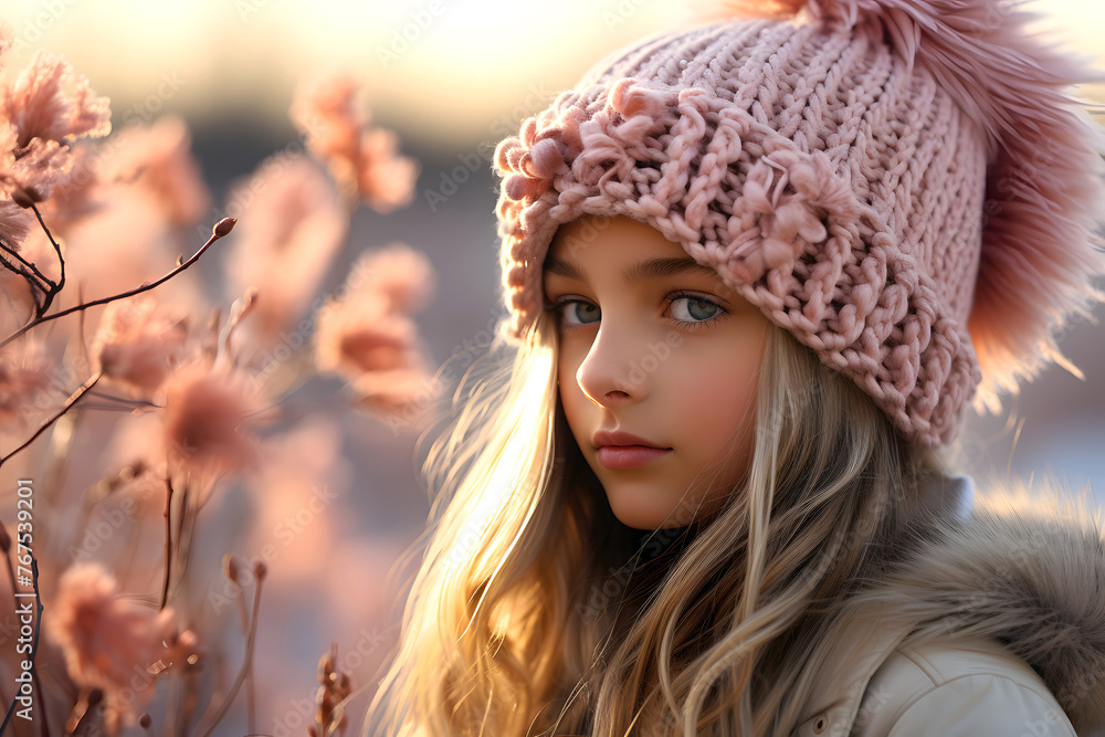 happy girl in a warm knitted hat walks in nature among flowers. childhood and outdoor recreation happy girl in a warm knitted hat walks in nature among flowers. childhood and outdoor recreation