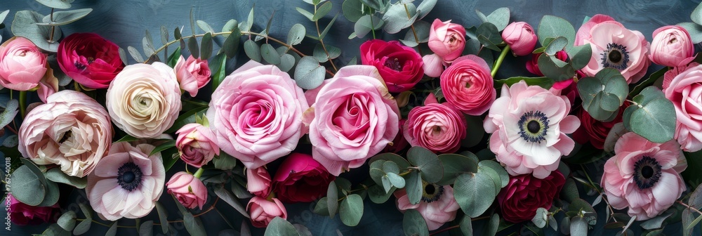 Pink roses, ranunculus, anemones, and eucalyptus leaves arrangement Pink roses, ranunculus, anemones, and eucalyptus leaves arrangement