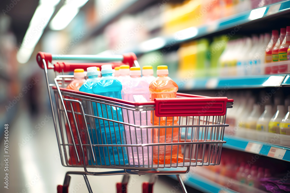 basket on wheels for buying groceries and goods in the supermarket. product marketing. commodity and consumer industry basket on wheels for buying groceries and goods in the supermarket. product marketing. commodity and consumer industry