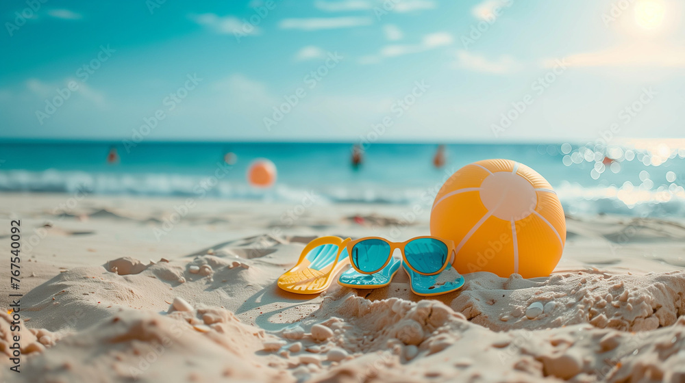 A vibrant scene of blue and yellow flip flops next to a yellow and white beach ball, ready for a day of fun in the sun at the beach