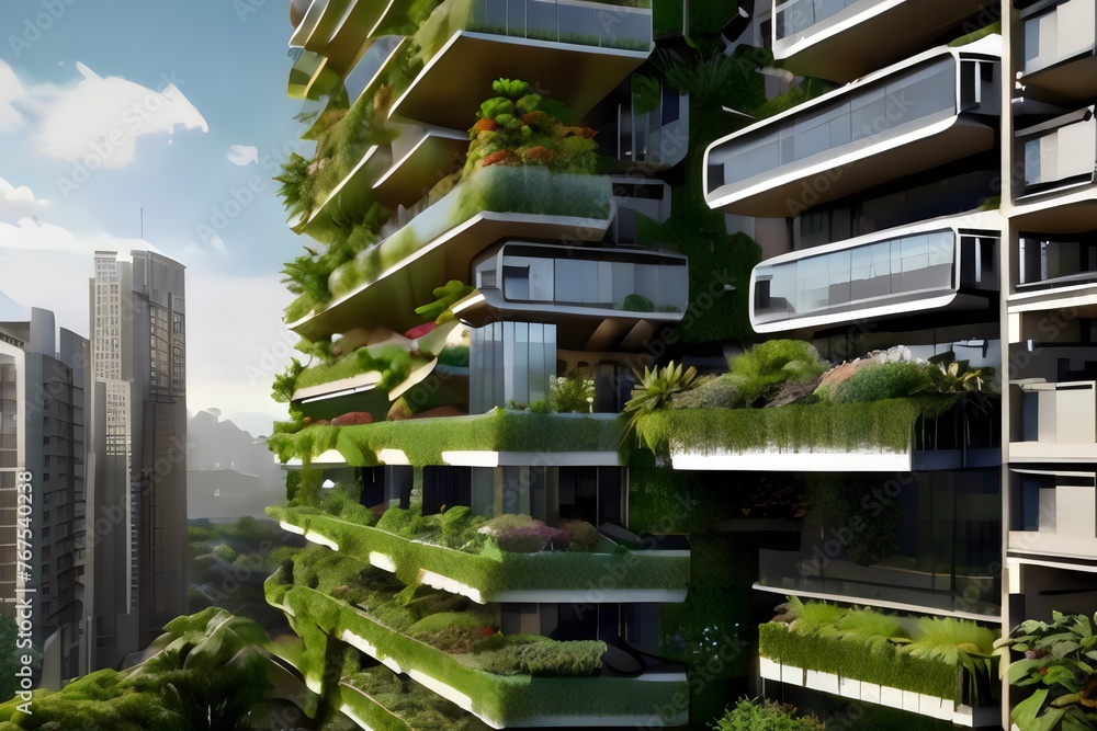 Urban Jungle: Explore the concept of vertical gardens and green architecture in a bustling cityscape overrun by lush vegetation. Picture skyscrapers adorned with cascading vines, rooftop gardens, and 