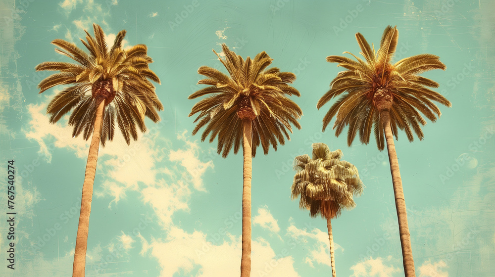 Obraz premium Three tall palm trees sway gracefully against a vivid blue sky adorned with fluffy white clouds, vintage retro style