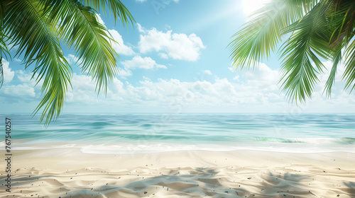 A serene beach featuring golden sands  lush palm trees  and the vast ocean glistening in the background under a clear blue sky
