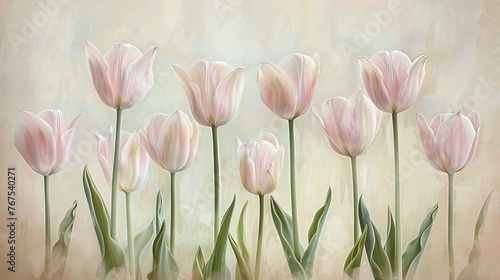 Row of Pink Tulips in Dreamy Pastel Tones