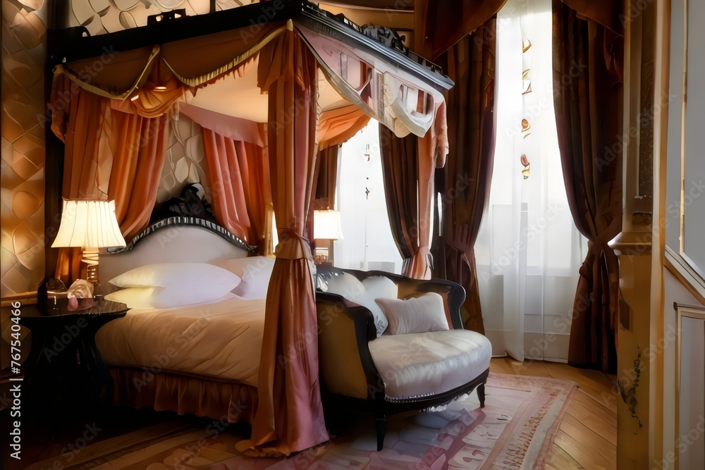 A Victorian lady's boudoir with a draped canopy bed, vanity table, and soft candlelight." - obrazy, fototapety, plakaty 