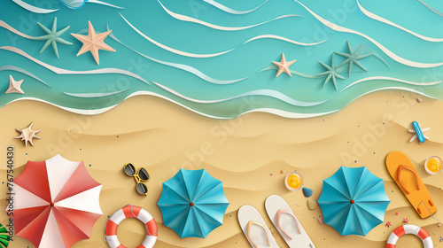 Colorful umbrellas, scattered flip flops, and delicate starfish scattered across a sunny beach