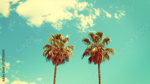 Two elegant palm trees sway gracefully against a vibrant blue sky filled with fluffy white clouds on a sunny summer day, retro vintage © Fokke Baarssen