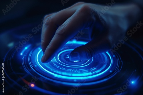 Persons Hand Touching Blue Circular Object