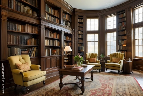 a Victorian library with floor-to-ceiling bookshelves, a plush carpet, and inviting reading nooks." © kashif
