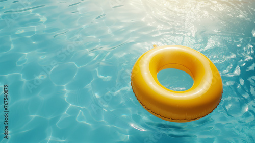 A vibrant yellow ring peacefully floats atop the shimmering surface of a tranquil pool, creating a beautiful and captivating scene, top view