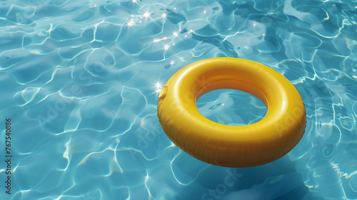 A vibrant yellow ring floats effortlessly on the surface of a tranquil pool, creating fluid ripples and reflections under the summer sun
