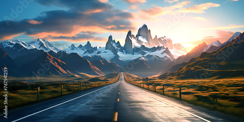 road outside the city against the backdrop of a mountain landscape at sunset photo