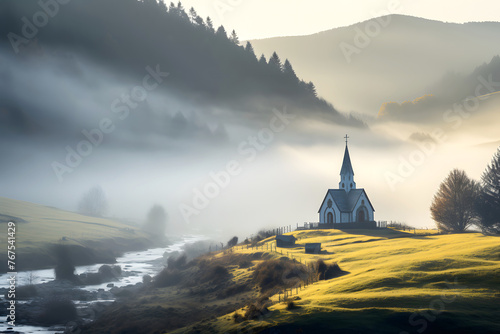 Catholic church on a sunny day in the mountains. religion and christianity