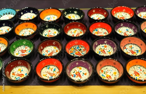 Display of beautiful hand painted Japanese bowls