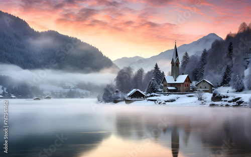 Catholic Church against the backdrop of a river and morning fog in the mountains. religion and christianity