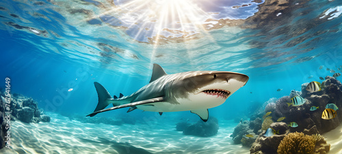 a shark swimming in the clear sea beautiful coral reefs in under the sun, ai generative