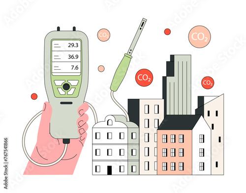 Air quality index. Handheld device measures urban CO2 levels. Air pollution