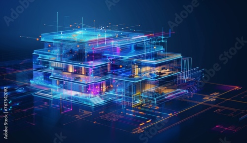 Fototapeta Naklejka Na Ścianę i Meble -  A digital blueprint of an office building with holographic elements, showcasing the innovative technology behind its construction and life cycle management in architectural design Generative AI