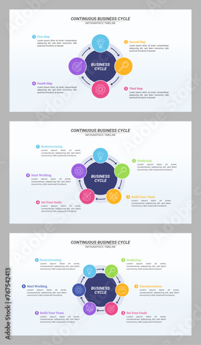 Set of Multiple Circular Cycle Infographic with 4 up to 6 Steps and Editable Text on a 16:9 Ratio for Business Goals, Targets, and Website Design.