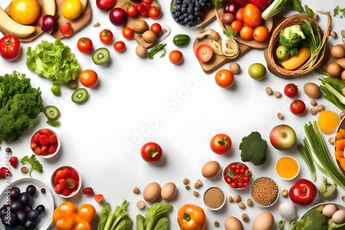 Arranged fruits vegetables and eggs on white table in kitchen healthy vegetarian food background