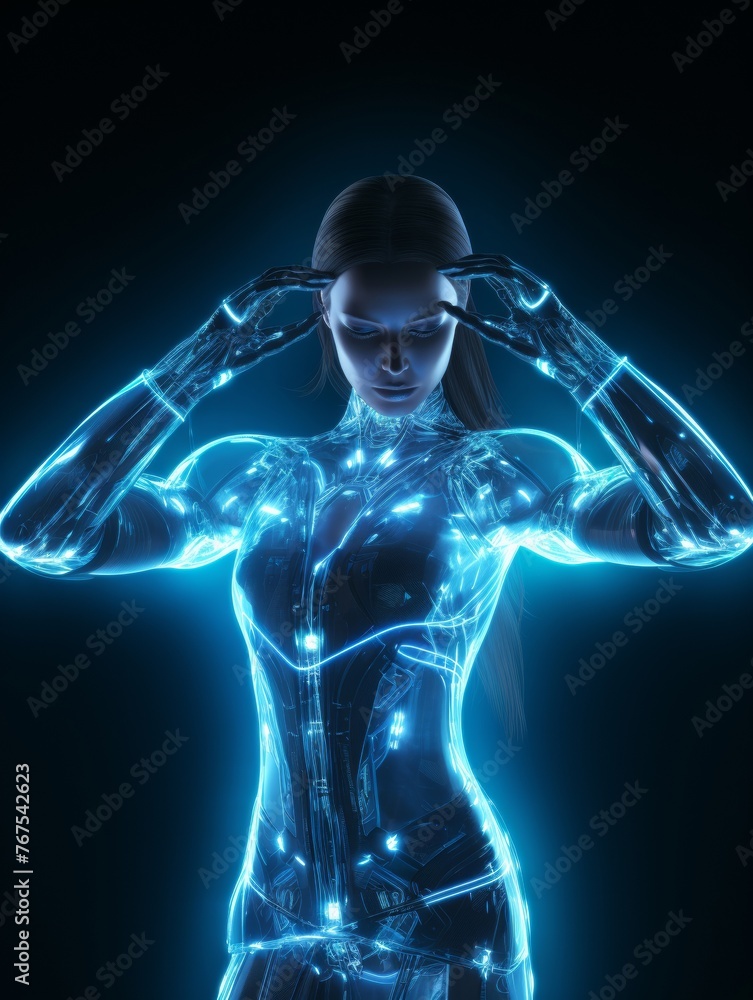 Photo of electric girl, human with blue electric body, black background. Generative AI. Photo of electric girl, human with blue electric body, black background. Generative AI.