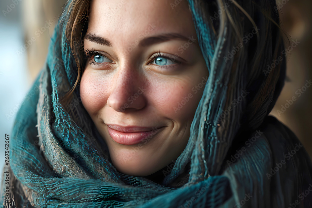 Fototapeta premium portrait of a very beautiful young woman with freckles in a warm knitted scarf. beauty seasonal fashion