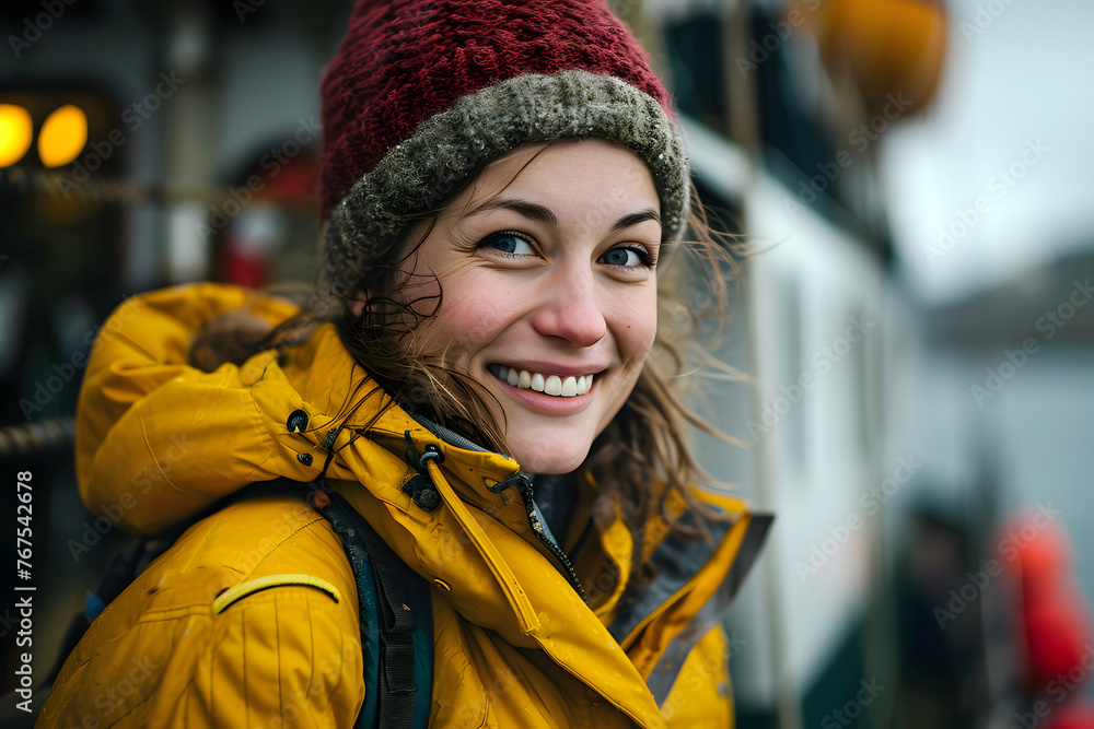 portrait of a beautiful young woman traveler in a yellow jacket portrait of a beautiful young woman traveler in a yellow jacket