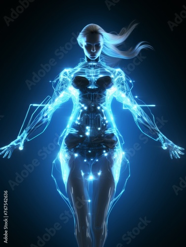 Photo of electric girl, human with blue electric body, black background. Generative AI. © Surachetsh
