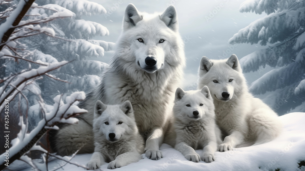 Obraz premium White Wolf Family in Snowy Winter Landscape