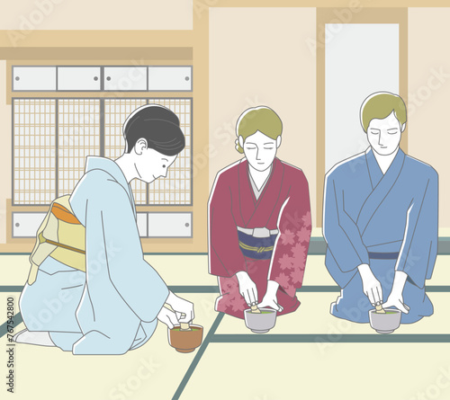 茶道体験をする欧米人カップル