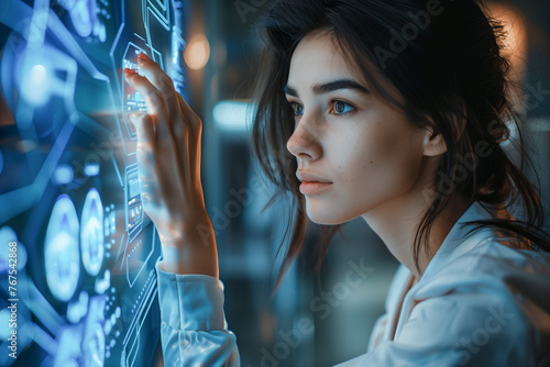 business woman works on a industrial futuristic hmi panel future work concept. photo