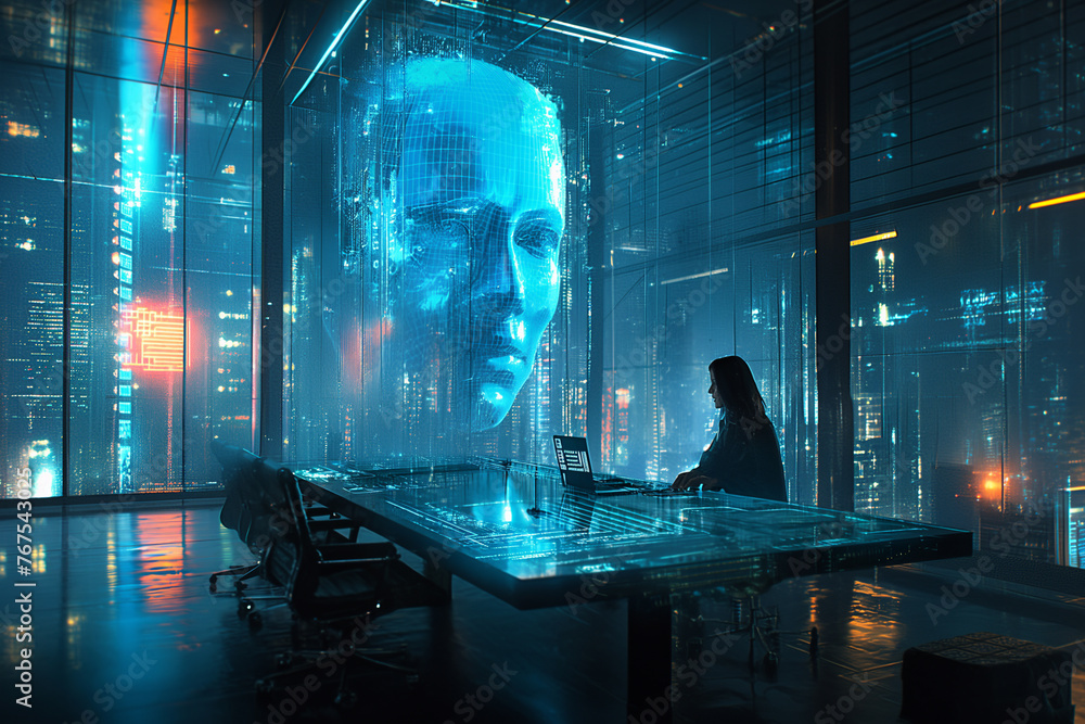A 3D hologram projection of a man. A woman in a black outfit was talking to him.future work concpt A 3D hologram projection of a man. A woman in a black outfit was talking to him.future work concpt