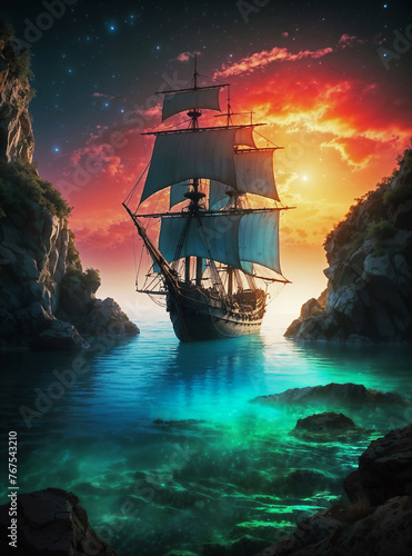 Moody old fantasy landscape of a pirate ship anchored in a lagoon at sunset. High resolution image for custom wall art, custom diamond painting, custom paint by number or custom puzzle image. 