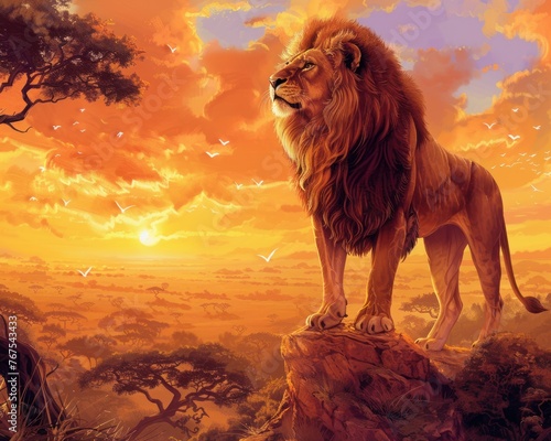Proud lion surveying savannah sunset hues