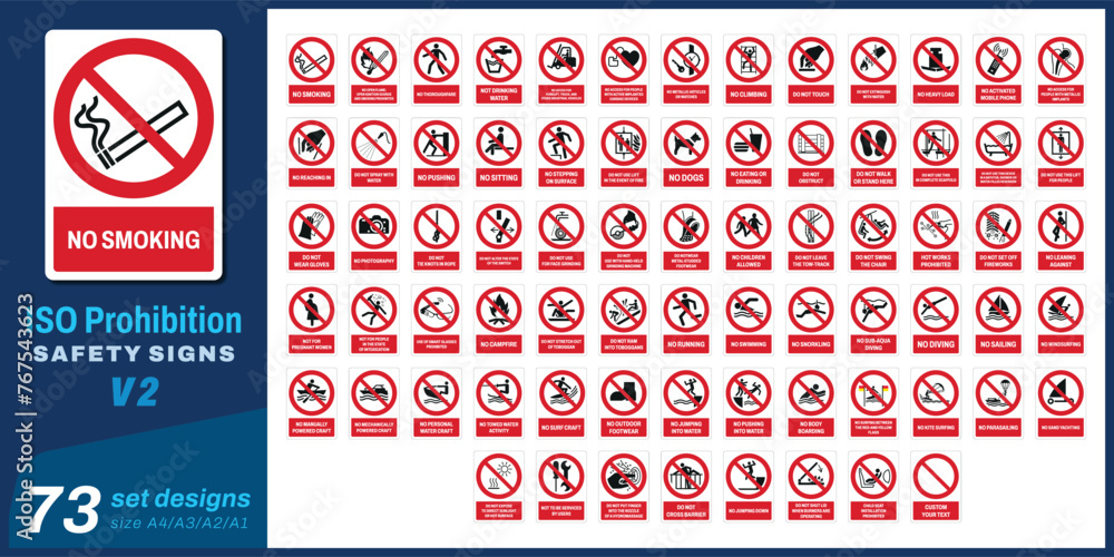 73 set iso prohibition safety signs size a4/a3/a2/a1 - obrazy, fototapety, plakaty 