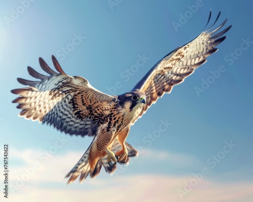 Keen-eyed falcon in flight clear blue sky