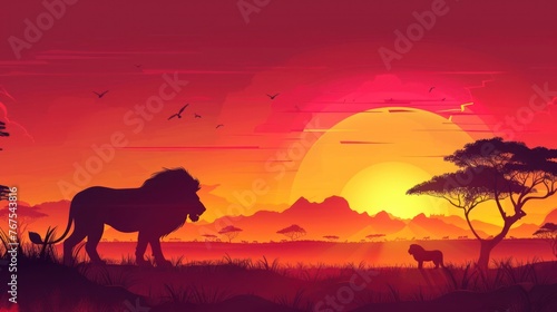 African sunset with silhouette of lions warm palette