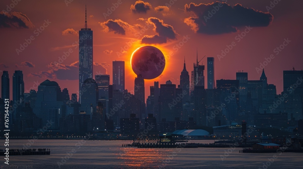 A large solar eclipse is setting over a city skyline. - obrazy, fototapety, plakaty 