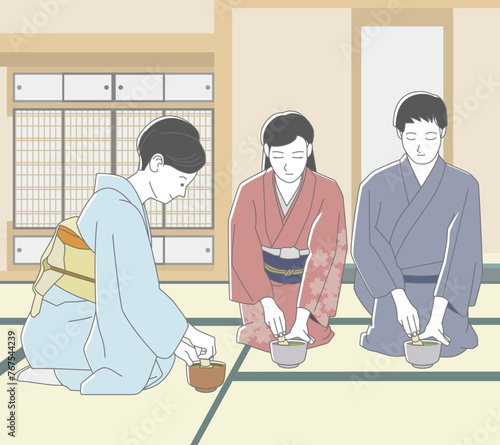 茶道体験をする男女