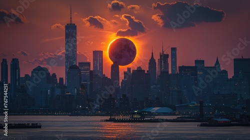 A large solar eclipse is setting over a city skyline. photo