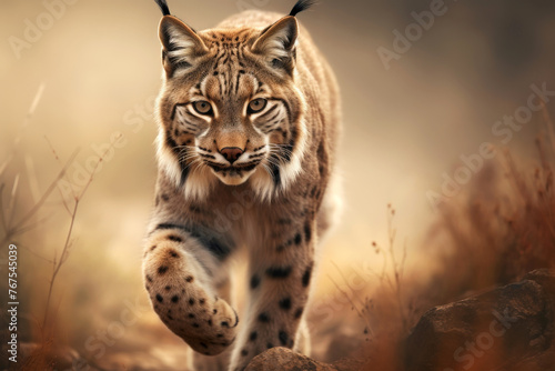 Eurasian lynx walking in natural habitat. Wildlife scene. Generative AI