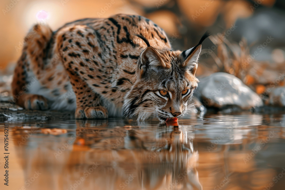 Fototapeta premium Eurasian lynx drinking water in natural habitat. Wildlife scene. Generative AI