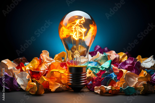 electric lamp on a background of colored crumpled pieces of paper. concept of defining and implementing an idea and business photo