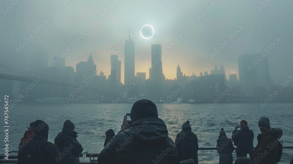 A group of people are standing on a pier watching the solar eclipse over the New York city. - obrazy, fototapety, plakaty 
